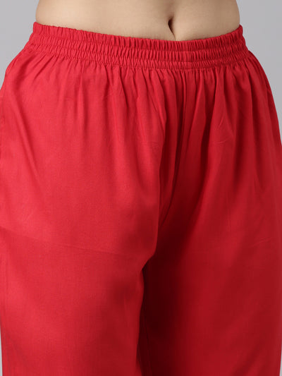 Neerus Red Regular Straight Printed Kurta And Trousers With Dupatta