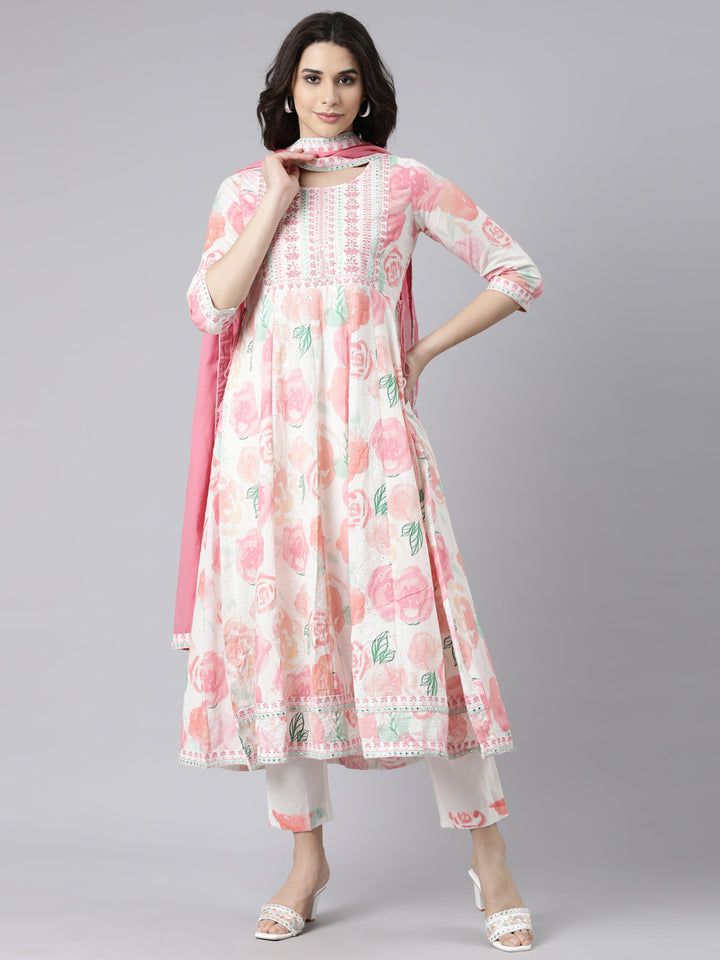 Neerus White cotton printed straight suit set - front view