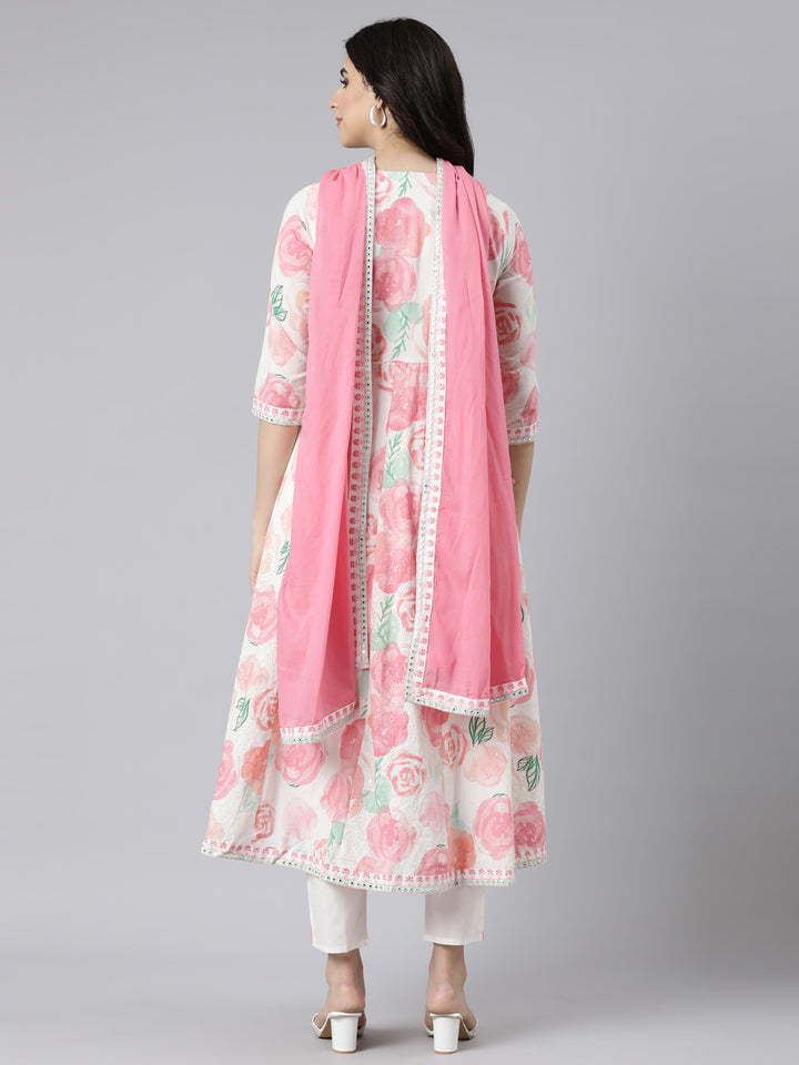 Neerus White cotton printed straight suit set - side view