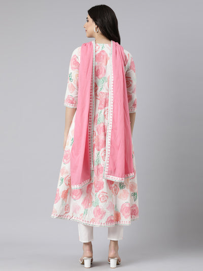 Neerus White Regular Straight Floral Readymade suits