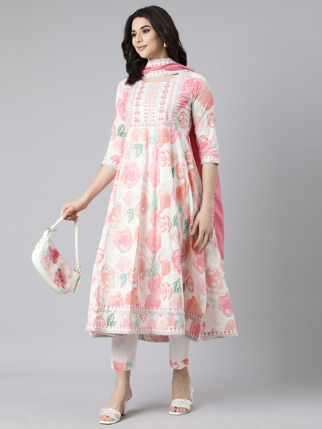 Neerus White cotton printed straight suit set - detail view 2