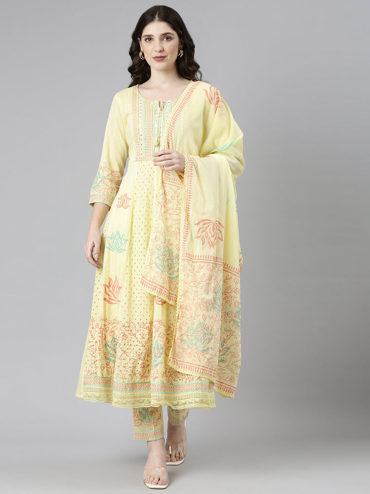 Neerus Yellow Regular Straight Printed Kurta And Trousers With Dupatta