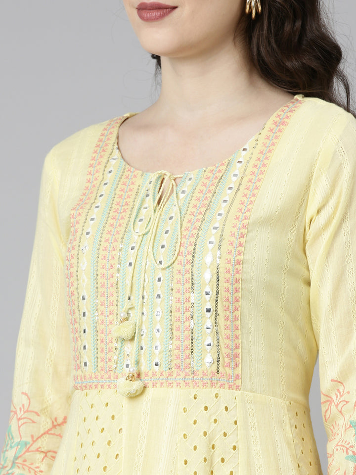 Neerus Yellow Regular Straight Printed Kurta And Trousers With Dupatta