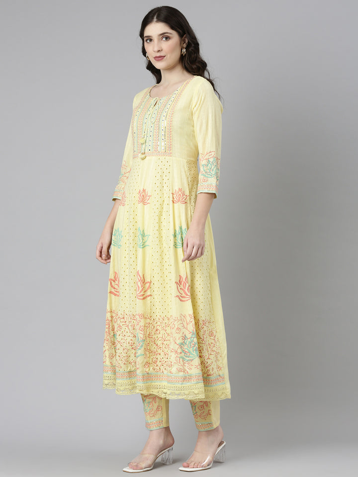 Neerus Yellow Regular Straight Printed Kurta And Trousers With Dupatta