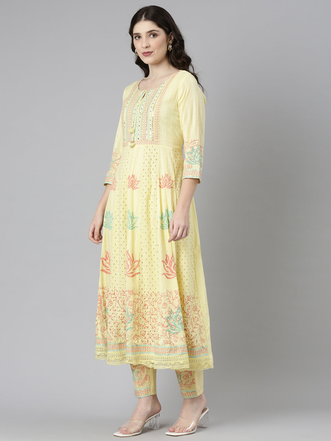 Neeru's Yellow Regular Straight Printed Kurta And Trousers With Dupatta