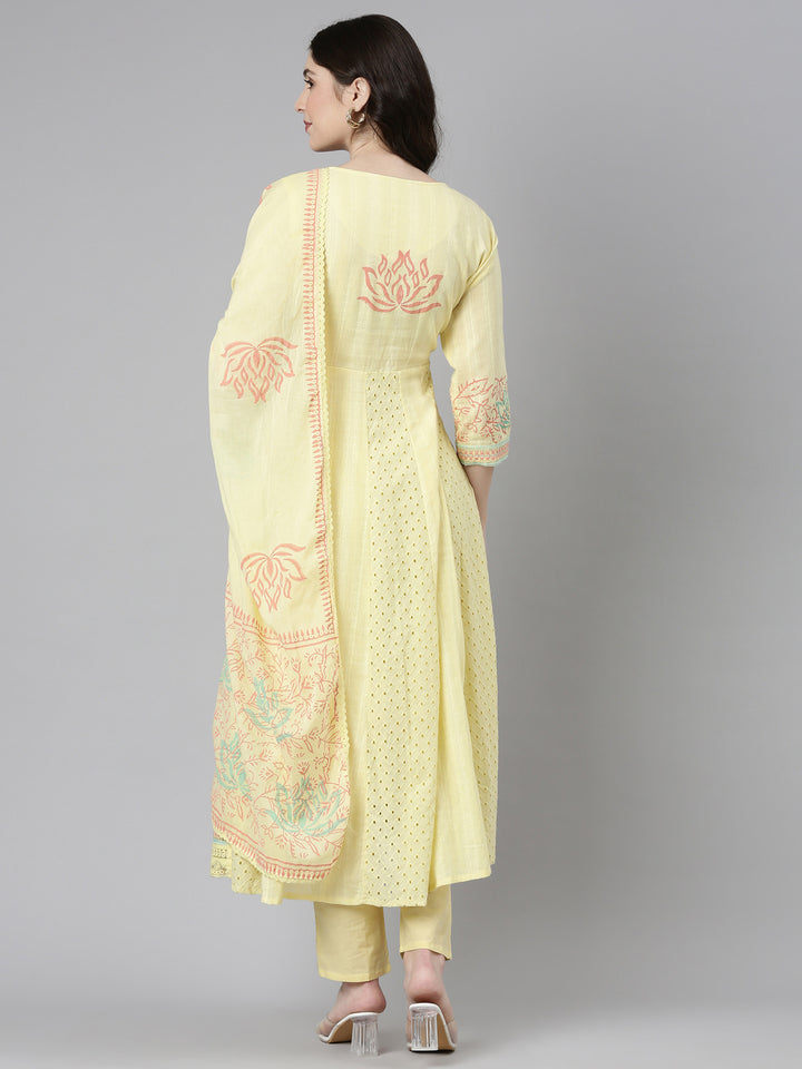 Neerus Yellow Regular Straight Printed Kurta And Trousers With Dupatta