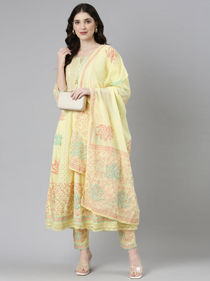 Neerus Yellow Regular Straight Printed Kurta And Trousers With Dupatta