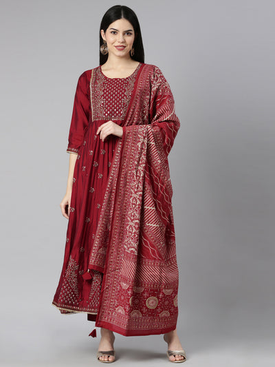 Neerus Maroon Regular Straight Floral Kurta And Trousers With Dupatta