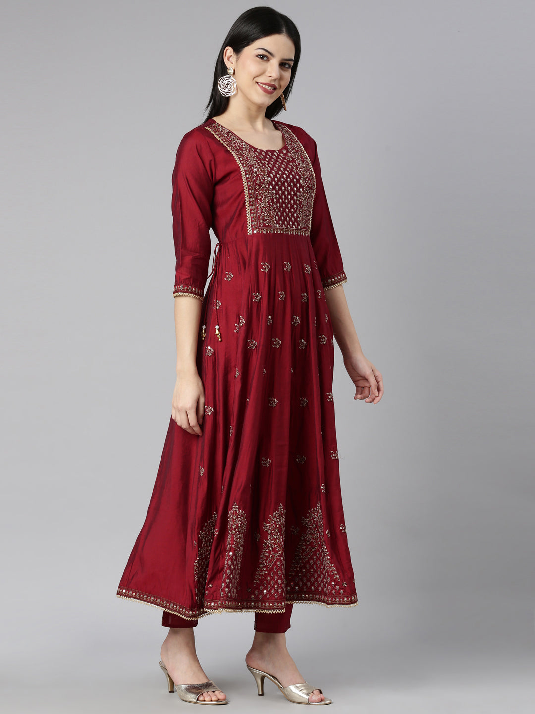 Neerus Maroon Regular Straight Floral Kurta And Trousers With Dupatta