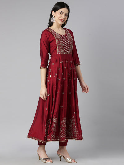 Neerus Maroon Regular Straight Floral Kurta And Trousers With Dupatta