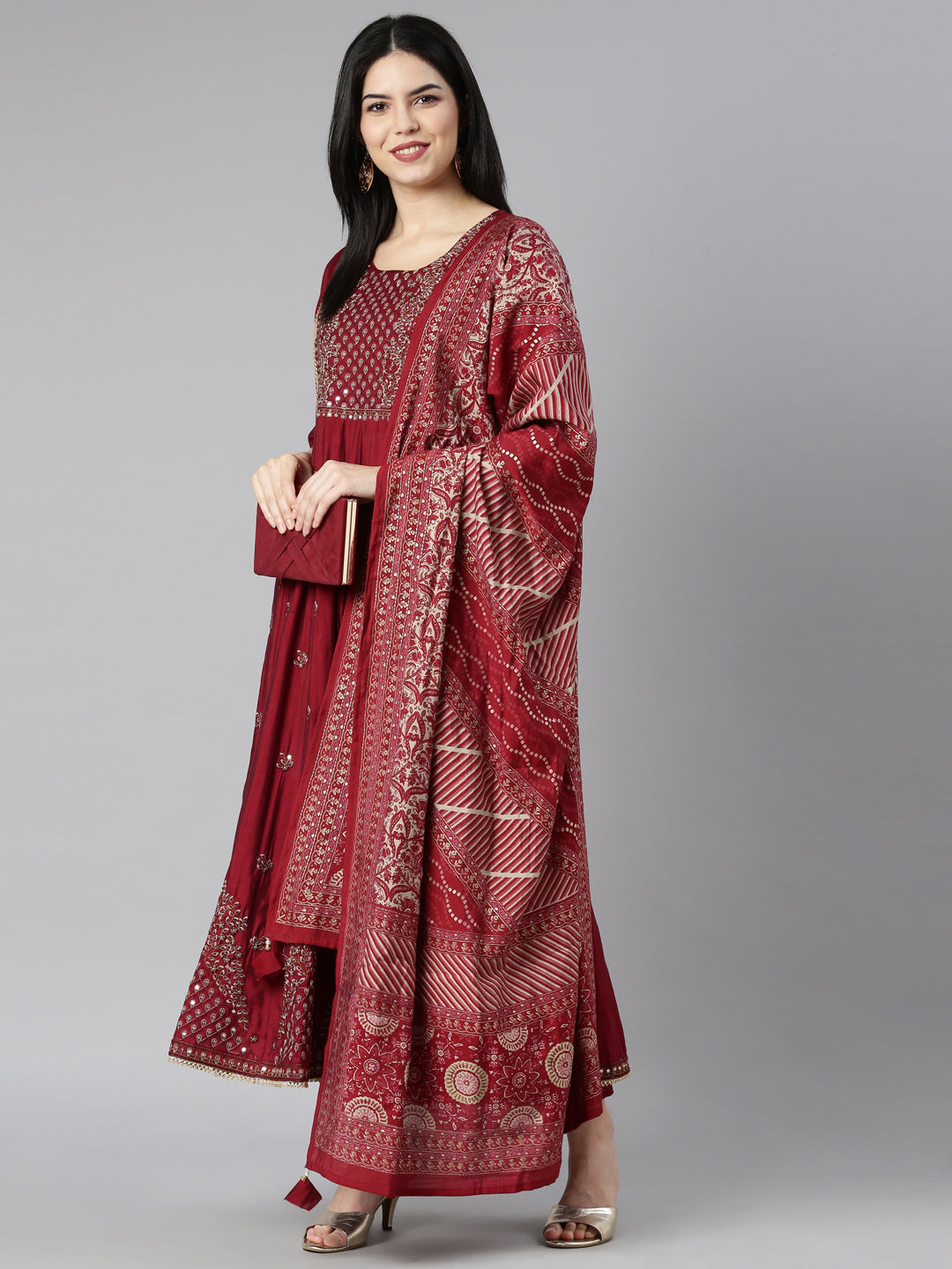 Neerus Maroon Regular Straight Floral Kurta And Trousers With Dupatta