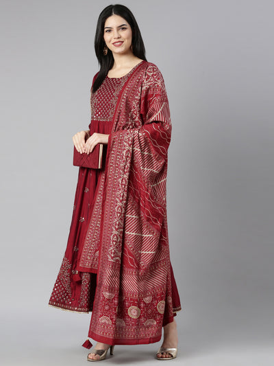 Neerus Maroon Regular Straight Floral Kurta And Trousers With Dupatta