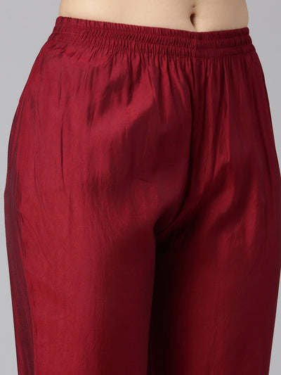 Neerus Maroon Regular Straight Floral Kurta And Trousers With Dupatta