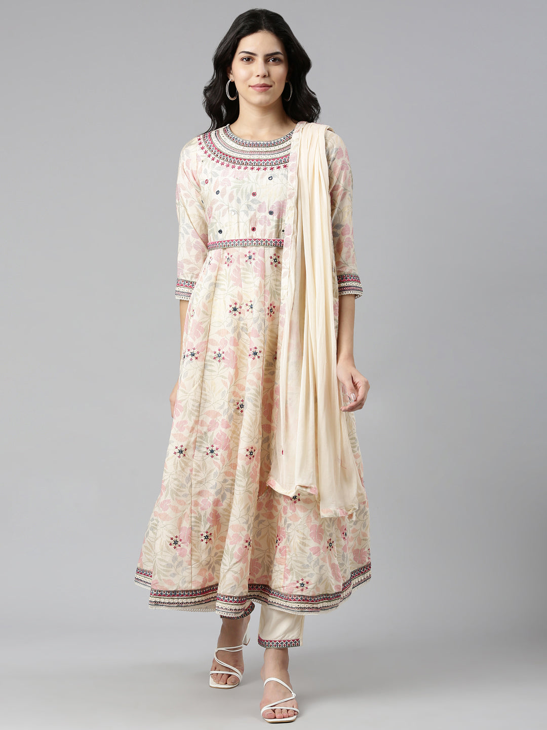 Neerus Beige printed straight kurta set with dupatta - front view