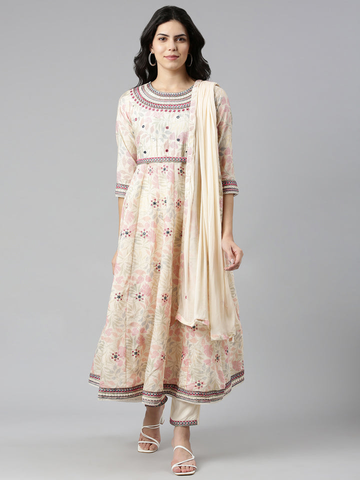 Neerus Beige printed straight kurta set with dupatta - front view