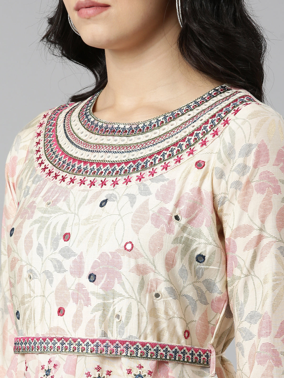 Neerus Beige printed straight kurta set with dupatta - detail view 1