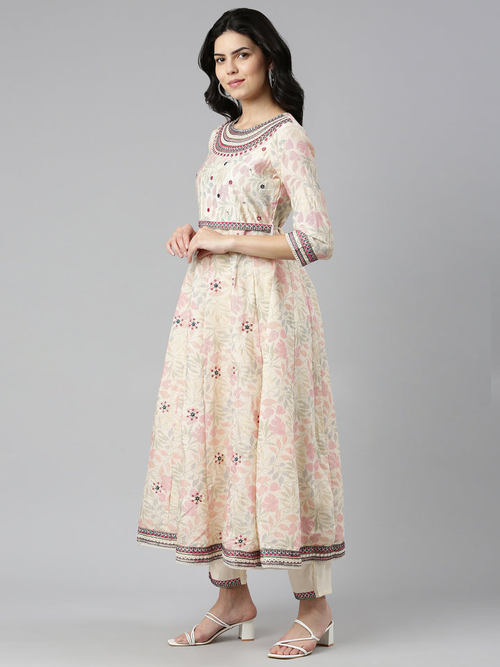 Neerus Beige printed straight kurta set with dupatta - back view