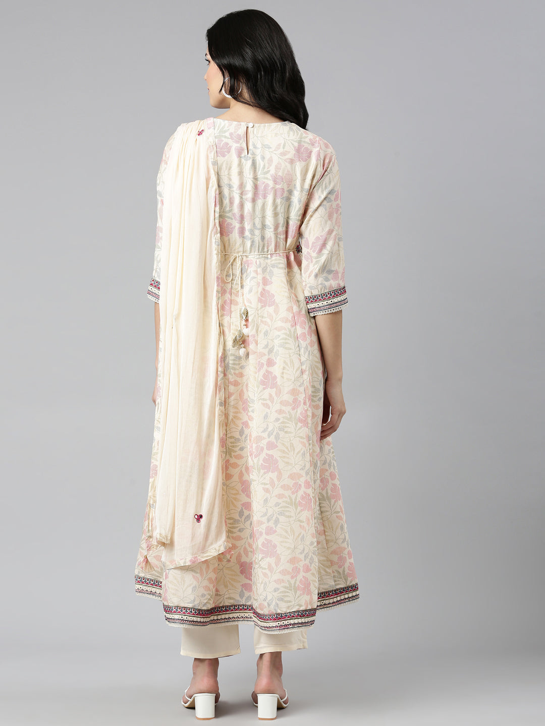 Neerus Beige printed straight kurta set with dupatta - side view