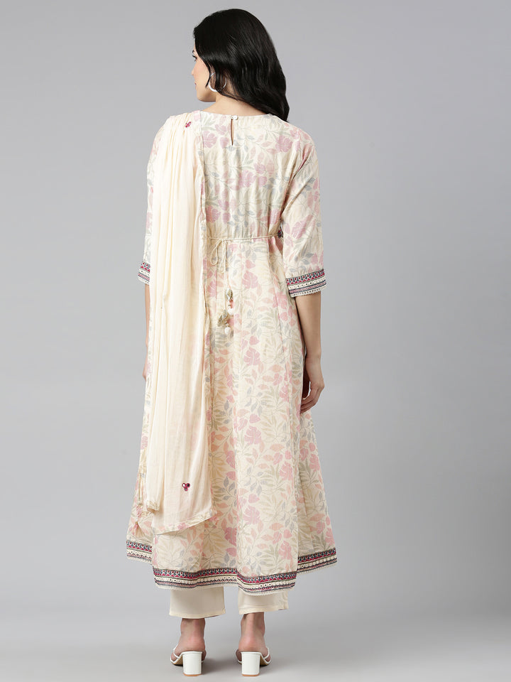 Neerus Beige printed straight kurta set with dupatta - side view