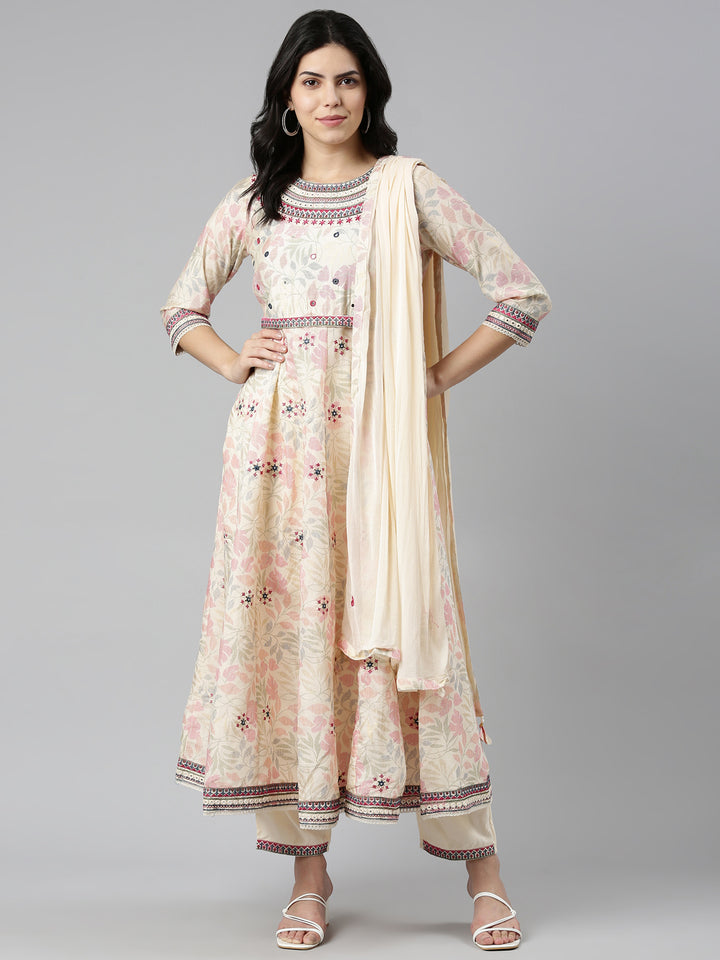 Neerus Beige printed straight kurta set with dupatta - detail view 2