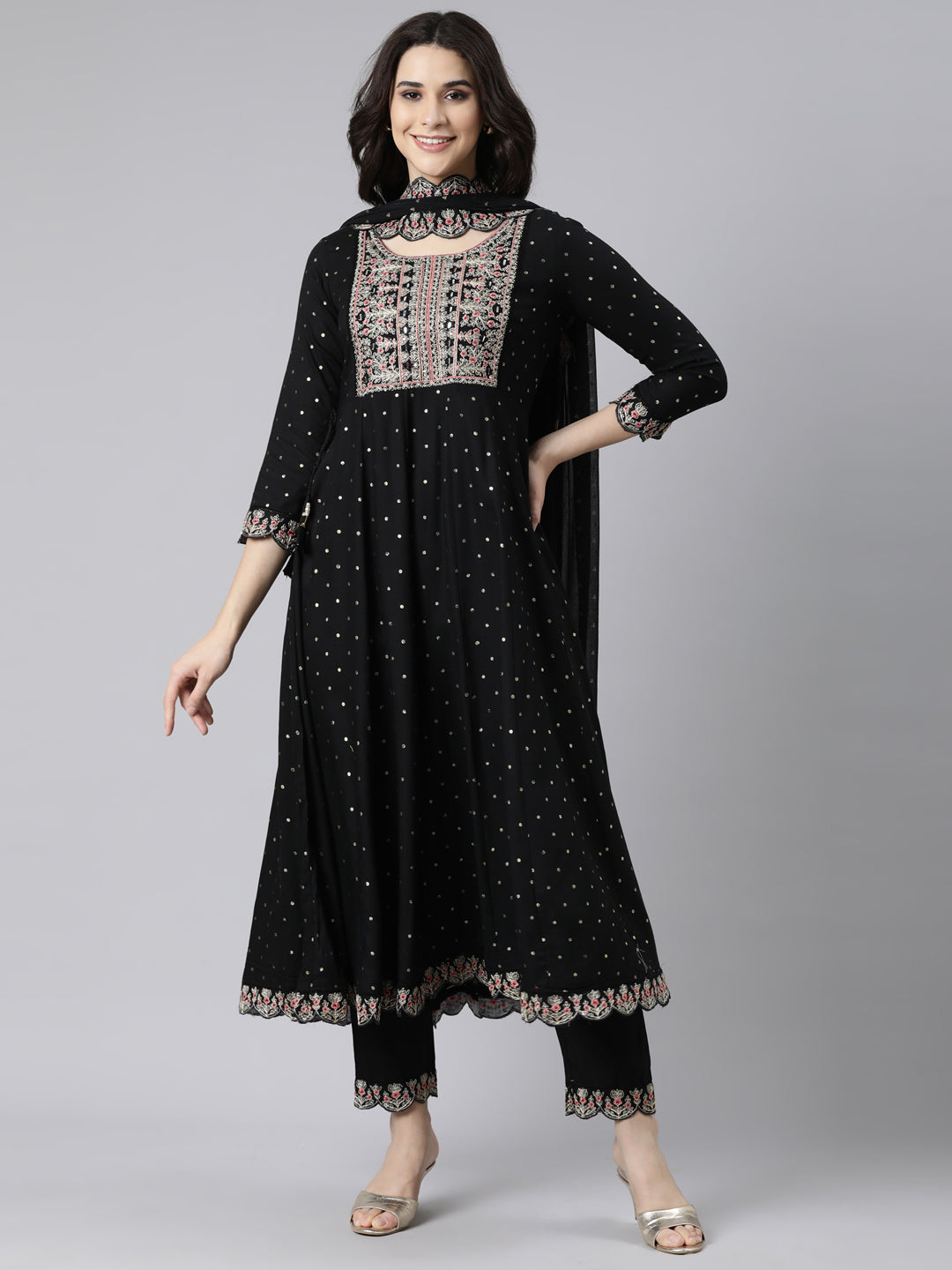 Neerus Black printed ethnic suit set flared kurta with trouser and dupatta - front view
