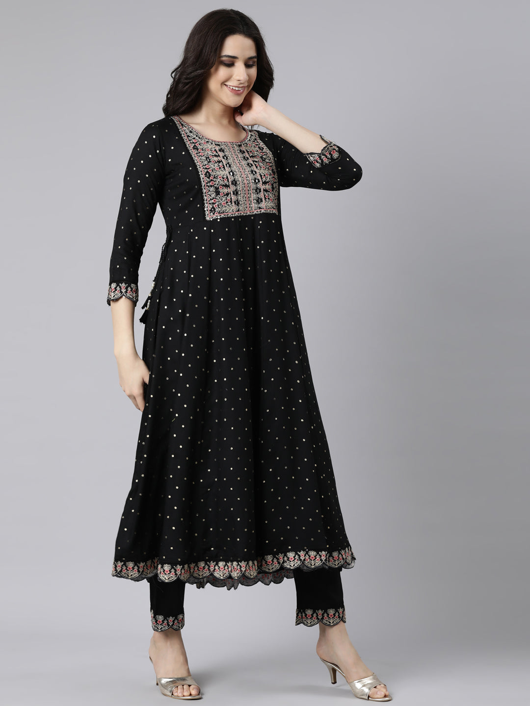 Neerus Black printed ethnic suit set flared kurta with trouser and dupatta - back view