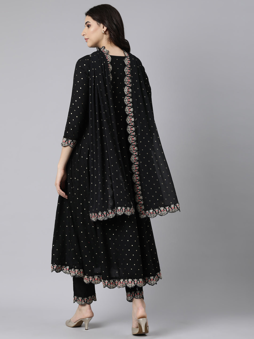 Neerus Black printed ethnic suit set flared kurta with trouser and dupatta - side view