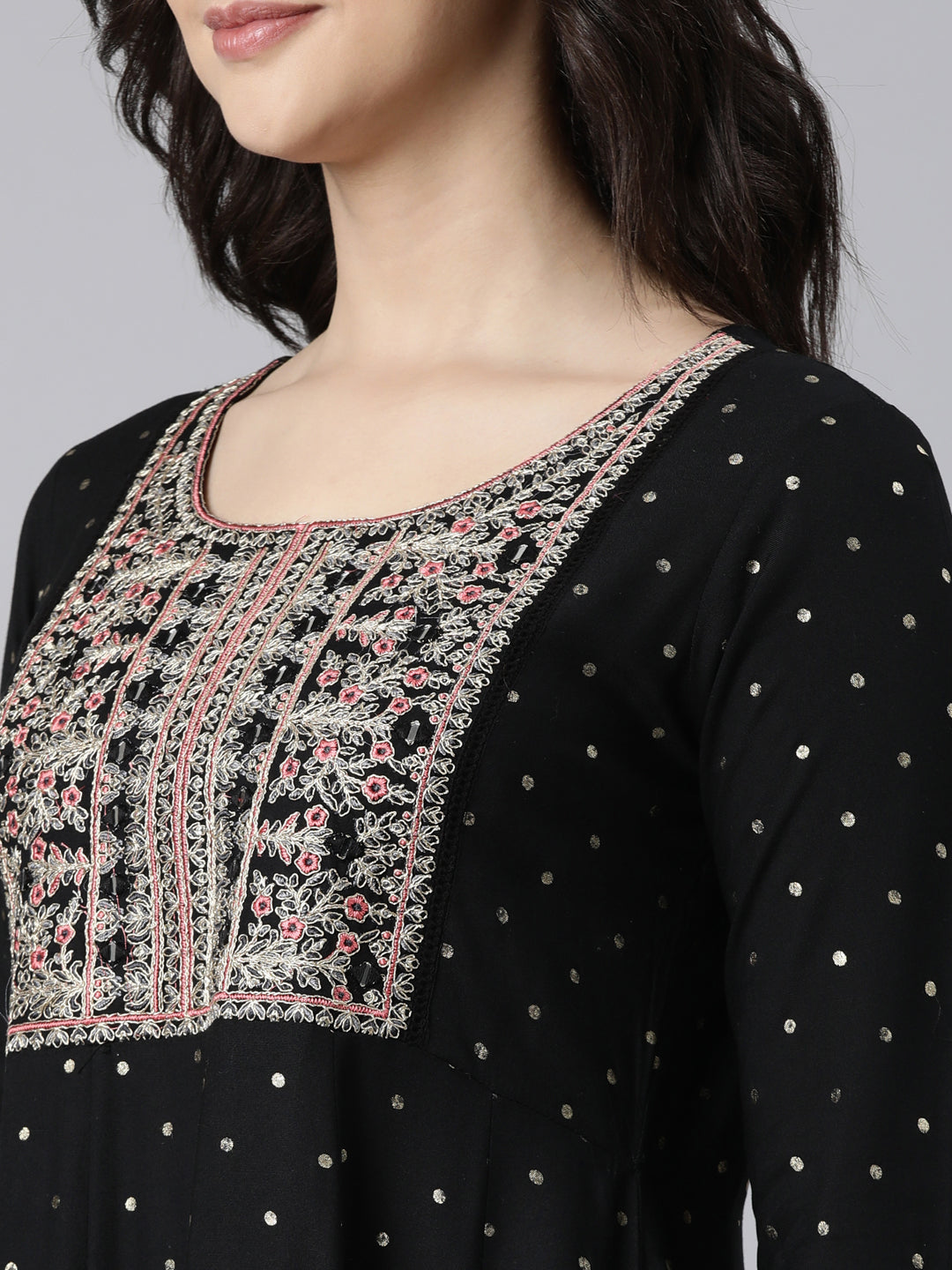 Neerus Black printed ethnic suit set flared kurta with trouser and dupatta - detail view 1