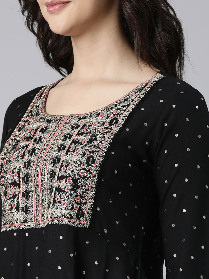 Neerus Black printed ethnic suit set flared kurta with trouser and dupatta - detail view 1