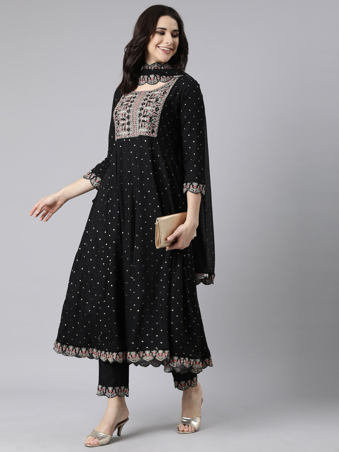Neerus Black printed ethnic suit set flared kurta with trouser and dupatta - detail view 2