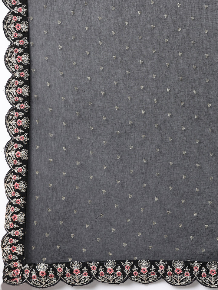 Neerus Black printed ethnic suit set flared kurta with trouser and dupatta - detail view 4