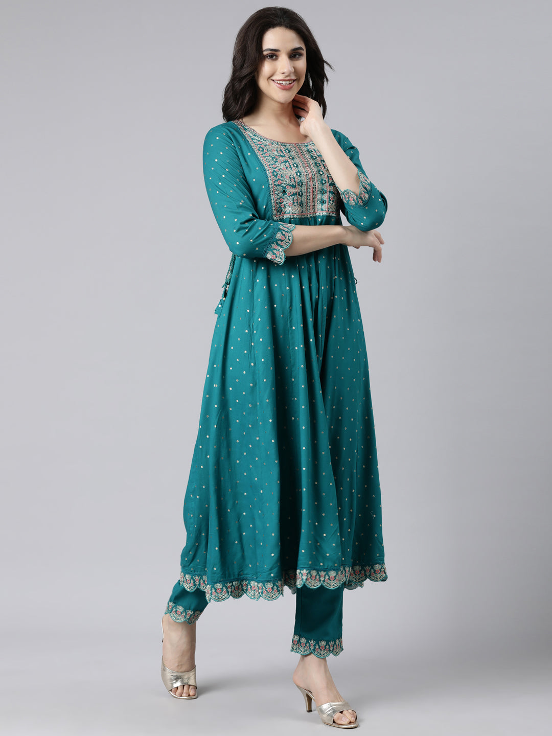 Neerus Green printed flared suit set with dupatta - back view