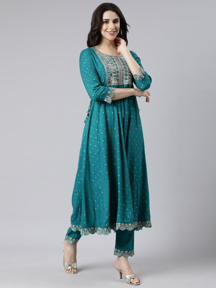 Neerus Green printed flared suit set with dupatta - back view