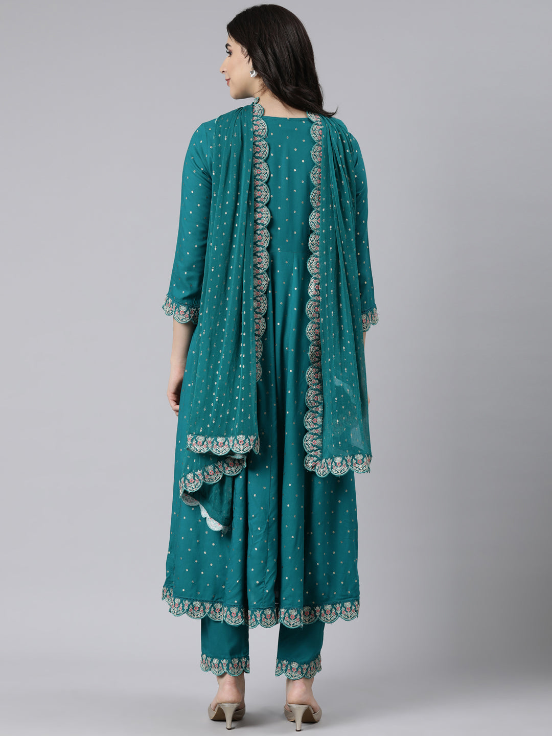 Neerus Green printed flared suit set with dupatta - side view
