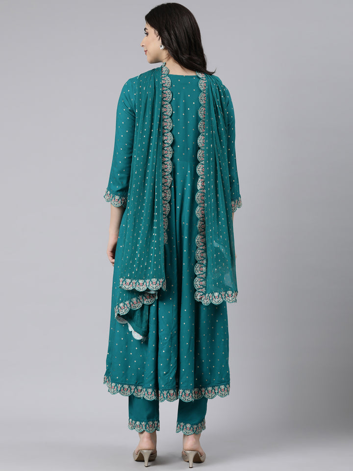 Neerus Green printed flared suit set with dupatta - side view