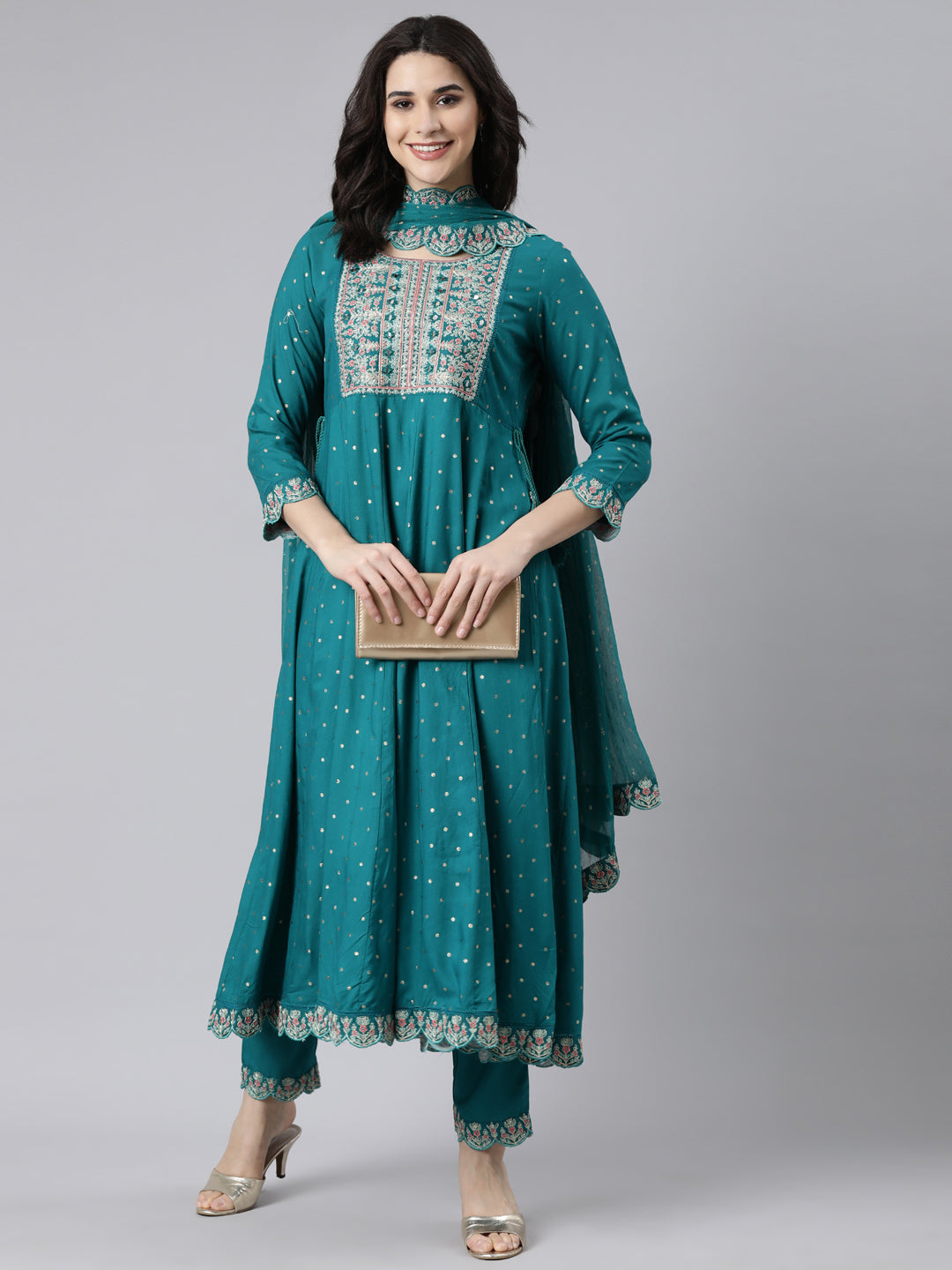 Neerus Green printed flared suit set with dupatta - detail view 2