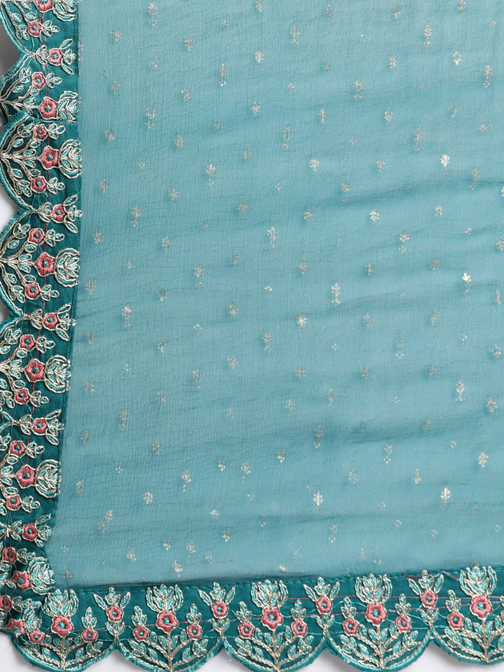 Neerus Green printed flared suit set with dupatta - detail view 4