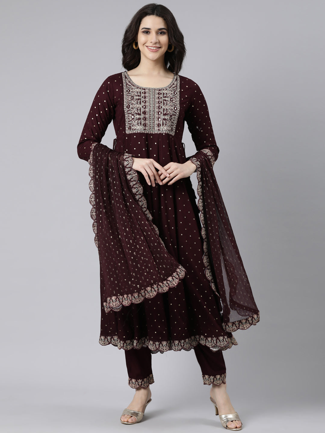 Neerus Purple Regular Flared Ethnic Motifs Kurta And  Trousers With Dupatta