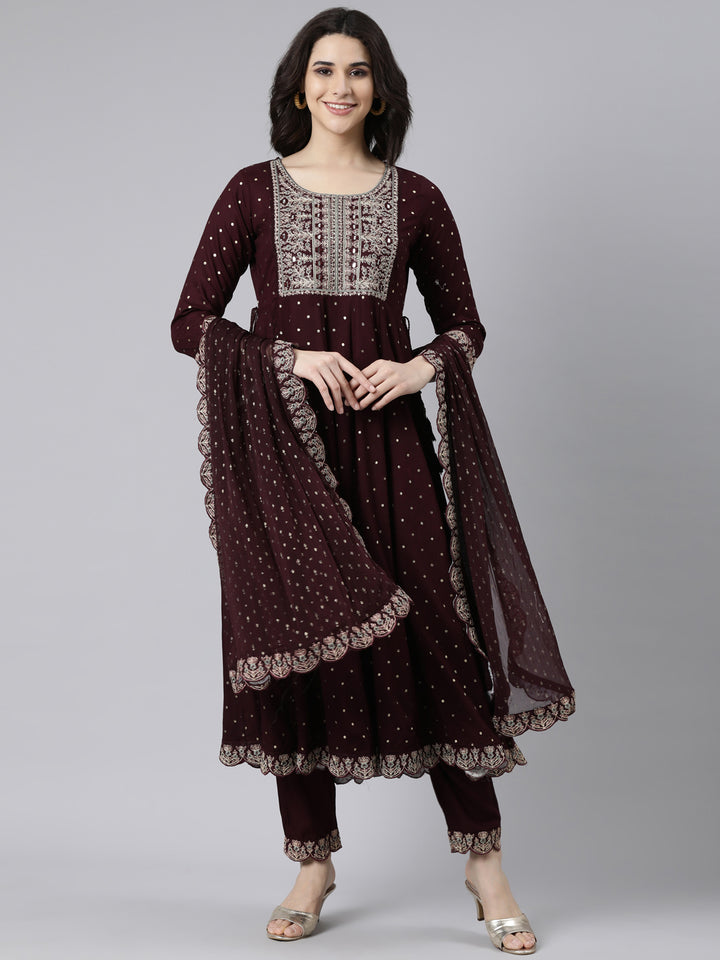 Neerus Purple Regular Flared Ethnic Motifs Kurta And  Trousers With Dupatta