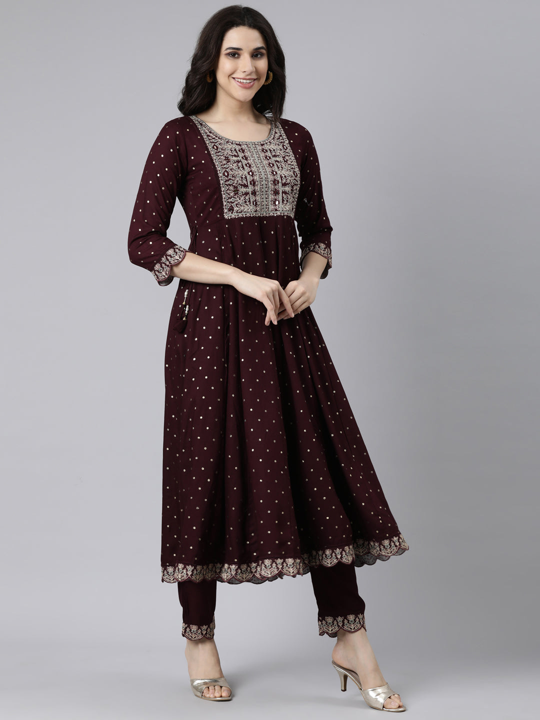 Neerus Purple Regular Flared Ethnic Motifs Kurta And  Trousers With Dupatta