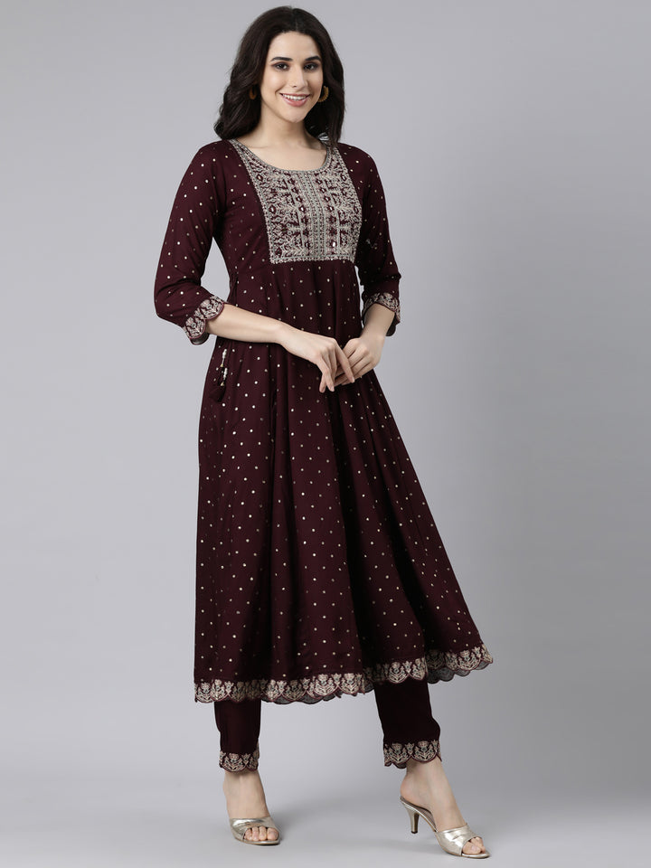 Neerus Purple Regular Flared Ethnic Motifs Kurta And  Trousers With Dupatta
