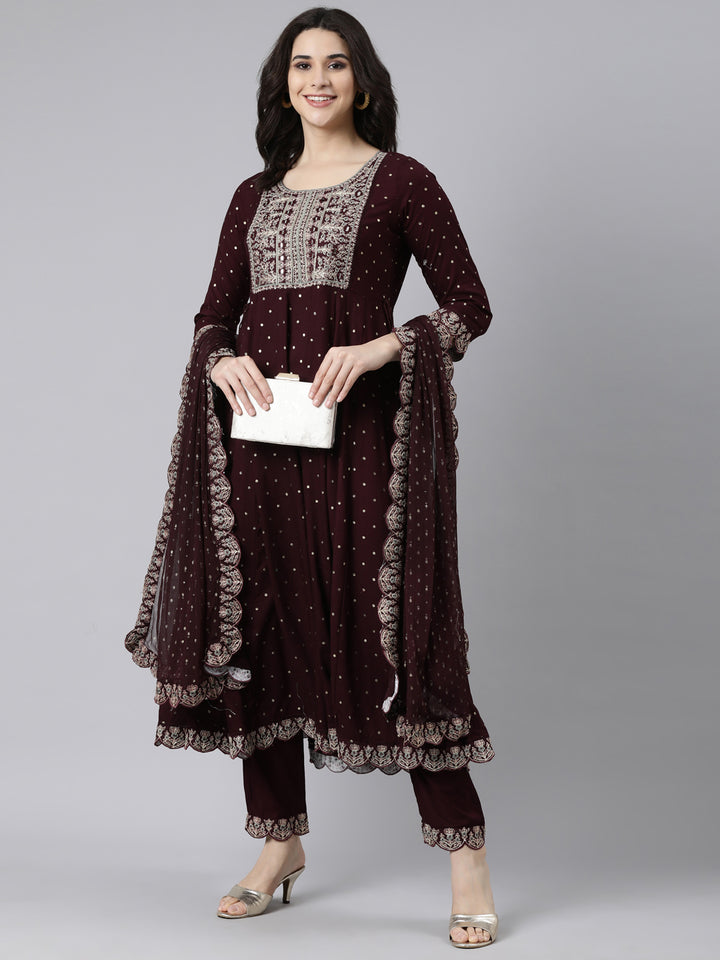 Neerus Purple Regular Flared Ethnic Motifs Kurta And  Trousers With Dupatta