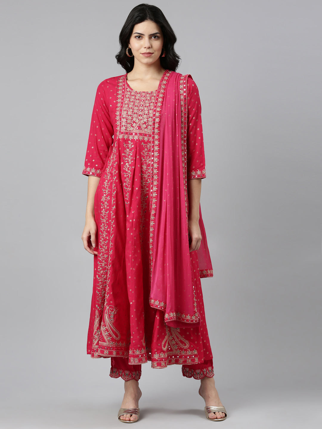 Neerus Pink embroidered straight kurta set with trouser and dupatta - front view