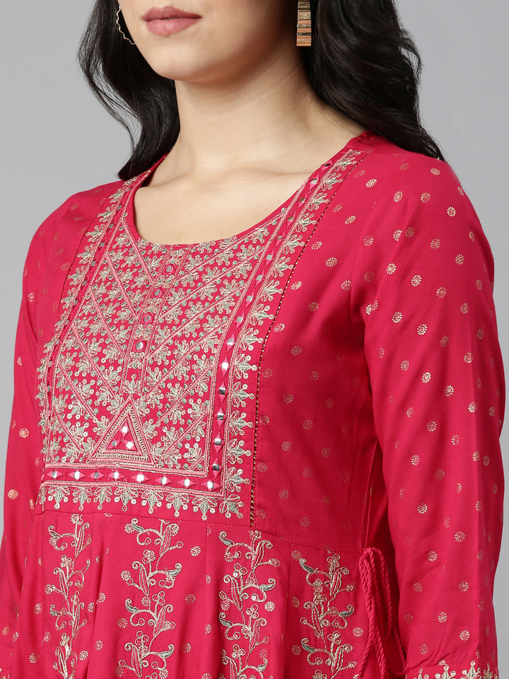 Neerus Pink embroidered straight kurta set with trouser and dupatta - detail view 1