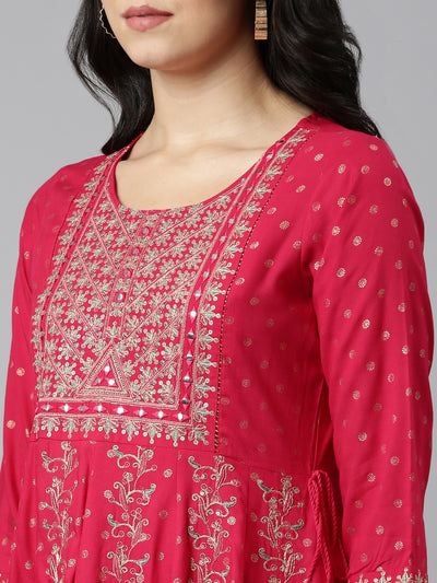 Neerus Pink Regular Straight Embroidered Kurta And Trousers With Dupatta