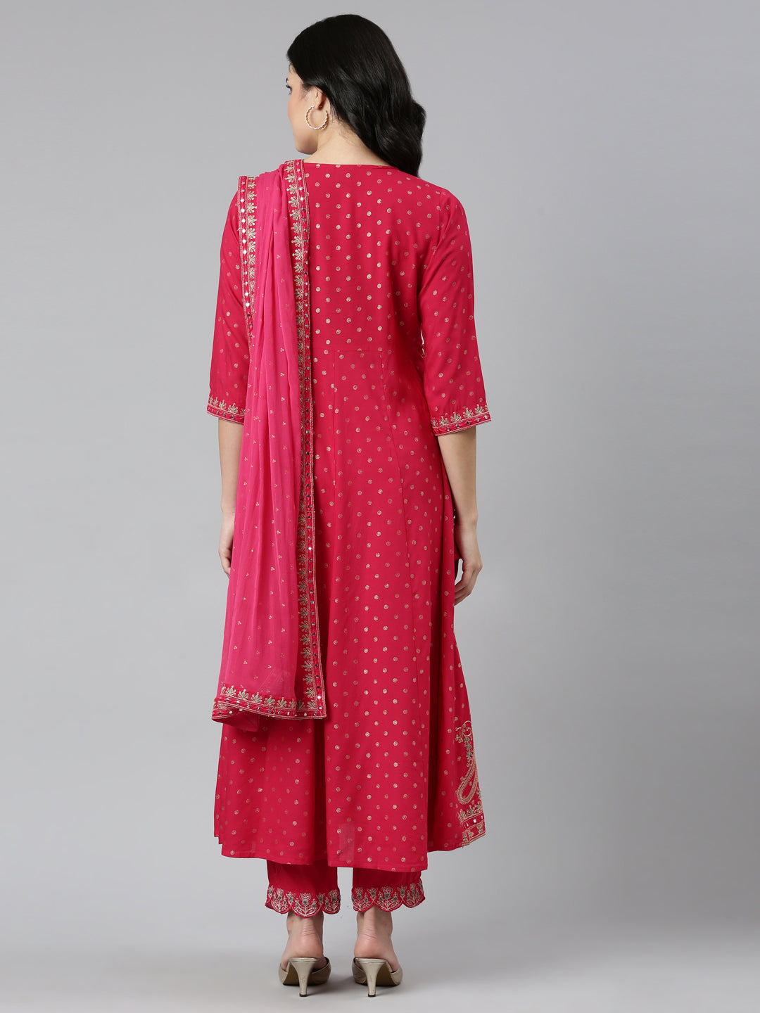 Neerus Pink embroidered straight kurta set with trouser and dupatta - side view