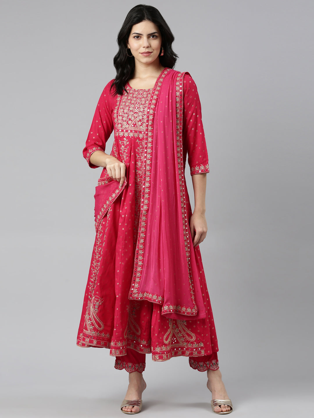 Neerus Pink embroidered straight kurta set with trouser and dupatta - detail view 2