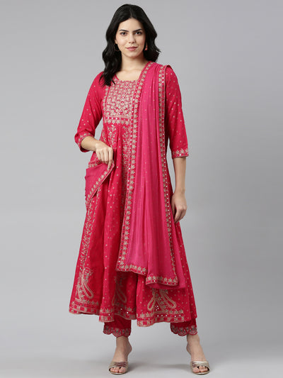 Neerus Pink Regular Straight Embroidered Kurta And Trousers With Dupatta