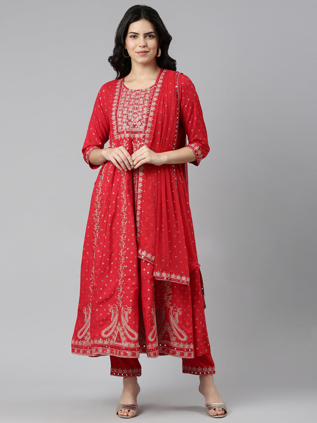Neerus Red embroidered straight kurta set with trouser and dupatta - front view