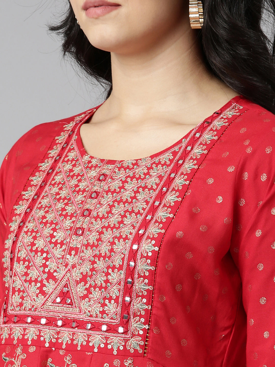 Neerus Red embroidered straight kurta set with trouser and dupatta - detail view 1